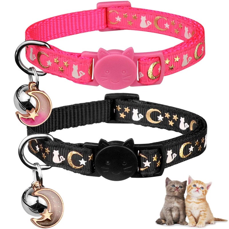 Baeuppit 2PCS Breakaway Cat Collars with Bell Moons Stars Cute Kitty Adjustable Safe Kitten Collars with Pendant Glow in The Dark(Black&Pink) - Image 1